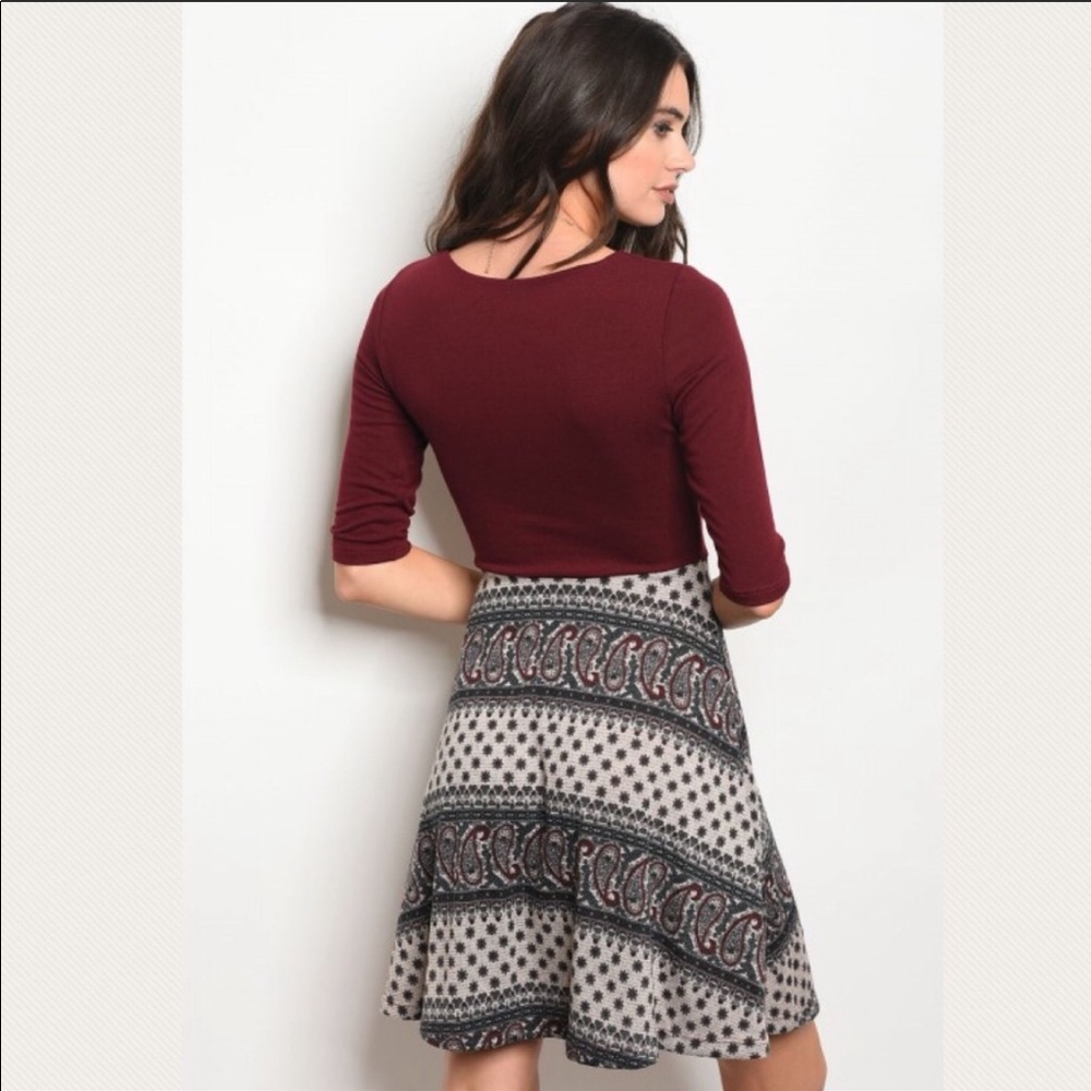 Burgundy and Taupe Paisley Print Dress - Picture 3 of 3